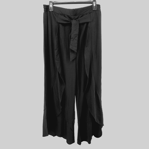Truth + Style Pants - TRUTH + STYLE Crop Wide Leg Palazzo Pants Tie Waist Ruffle Overlay Black Women M